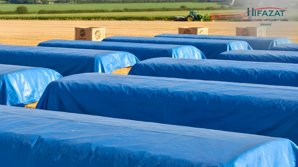 Waterproof tarpaulins protecting agricultural crops and hay bales for global supply chains