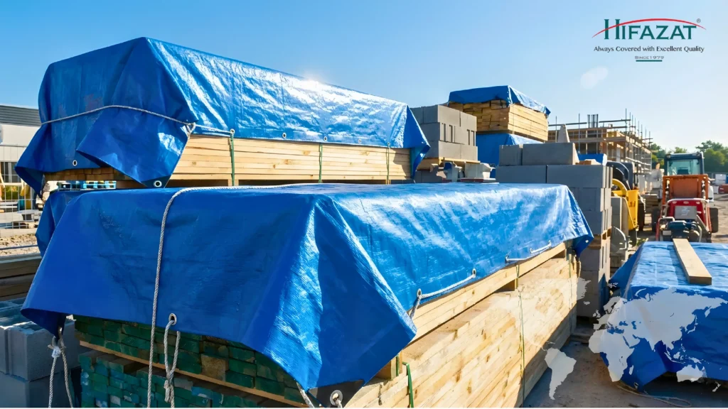 Heavy-duty waterproof tarpaulin sheets used for construction and industrial protection, exported worldwide.