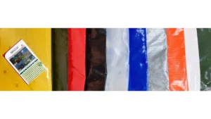 Showing the available colors in tarpaulins, yellow, blue, white, red, silver, brown, orange, green.